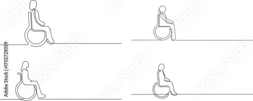 Set of Woman on wheelchair one continuous line art, One line art, Vector illustration