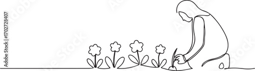 Woman gardening flower one continuous line art, One line art, Vector illustration