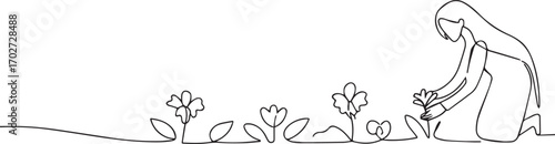 Woman gardening flower one continuous line art, One line art, Vector illustration