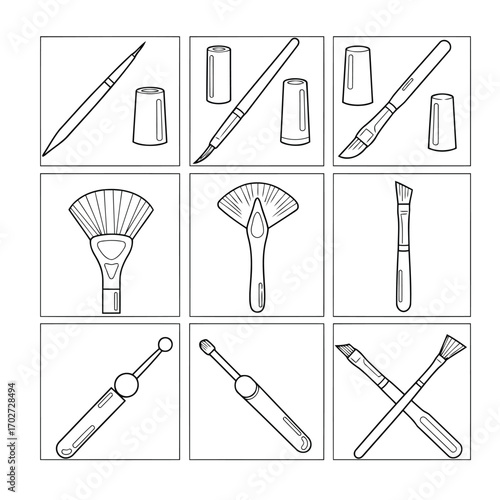 Set of cosmetic brushes and beauty tools line art icons. Vector collection for makeup and skincare.
