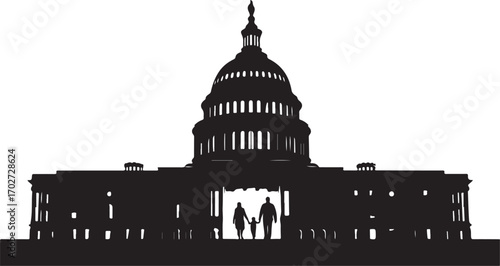 Black silhouette of the U S Capitol building with a family walking through the entrance US Capitol building
