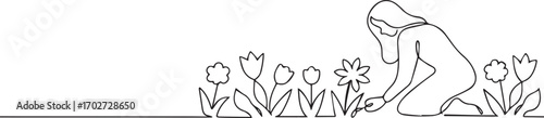 Woman gardening flower one continuous line art, One line art, Vector illustration