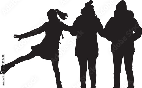 Black silhouette of three people one ice skating and two standing on white background winter