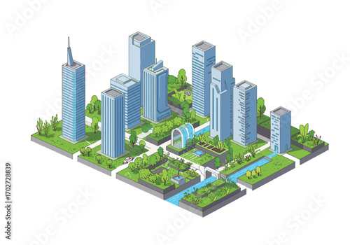 Modern Cityscape with Green Spaces and Skyscrapers.
