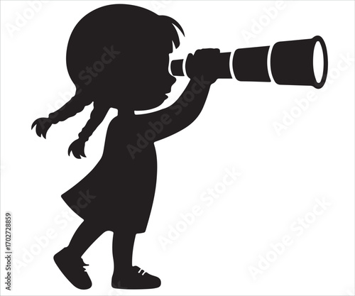 Black silhouette of little girl looking through telescope isolated on white background, simple child illustration symbolizing exploration, discovery, curiosity, future vision, imagination, and educati