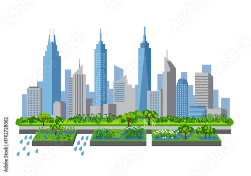 Modern Cityscape with Integrated Green Spaces.