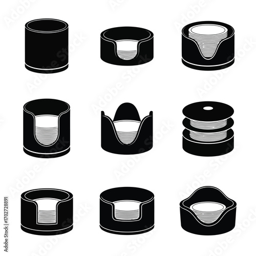 Collection of various pet beds and bedding designs in silhouette style