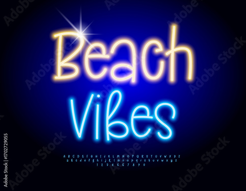 Vector Glowing flyer Beach Vibes. Led Light Font. Neon Alphabet Letters and Numbers set.