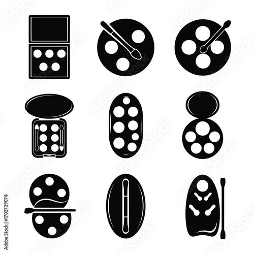 A collection of black and white makeup palette icons for beauty and cosmetic design projects
