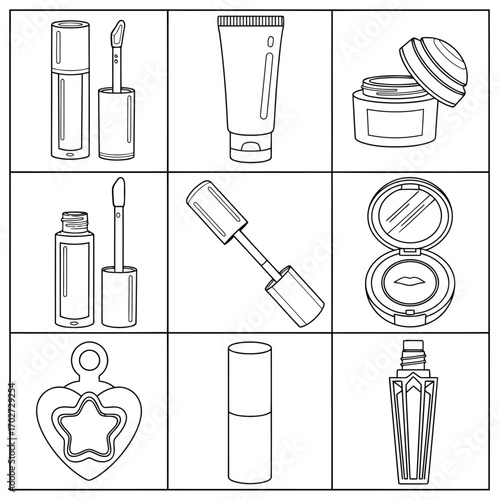 Elegant Monochrome Beauty Products Line Art Collection Essential Cosmetics and Skincare Icons for Modern Lifestyle Design.
