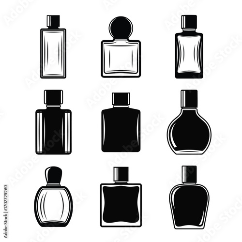 Monochrome perfume bottle collection icon set for beauty and fragrance concepts