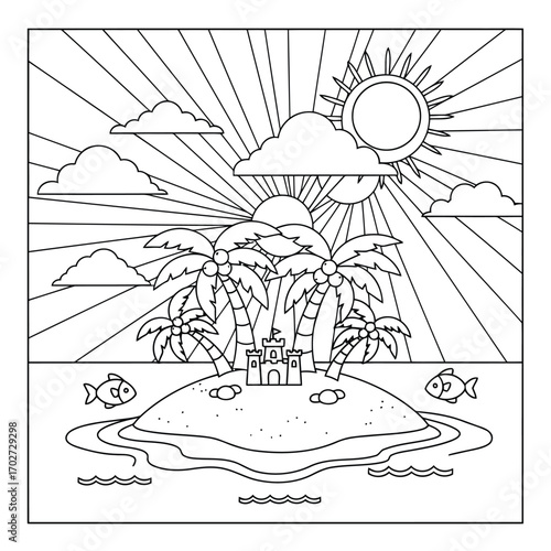 Black and white coloring page of a sunny tropical island with a sandcastle and palm trees