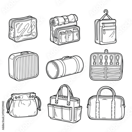 A set of hand-drawn line art illustrations of various travel bags and organizers for packing