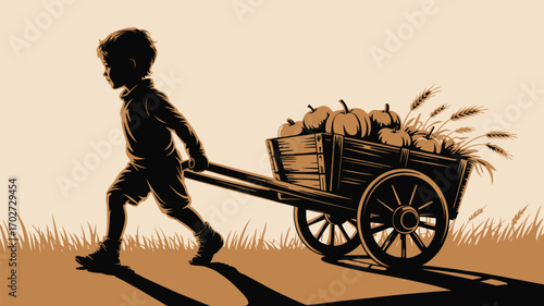 Harvest time illustration featuring a determined boy pulling a wagon filled with pumpkins and wheat