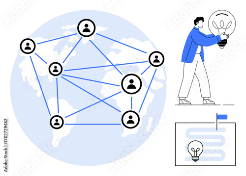 World map with connected people icons, individual holding a bulb, roadmap with lighting idea. Ideal for collaboration, communication, networking, global teamwork, innovation, creativity goals