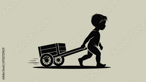 Adorable silhouette of a child pulling a wagon, evoking childhood innocence and playfulness design element
