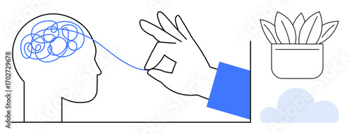 Human profile with entangled brain string being unraveled by a hand, next to plant pot and cloud. Ideal for mental clarity, mindfulness, problem-solving, therapy, wellness, creativity, and health