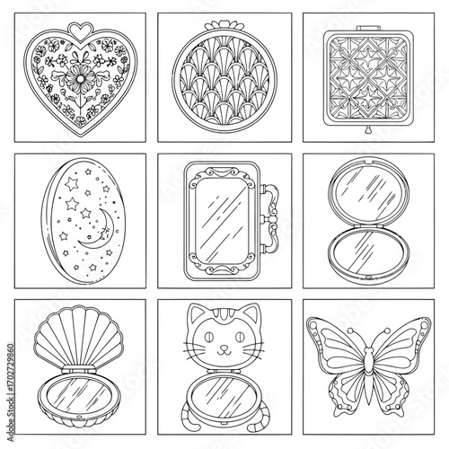 Collection of Vintage Compact Mirrors and Butterfly Coloring Pages for Relaxation and Art