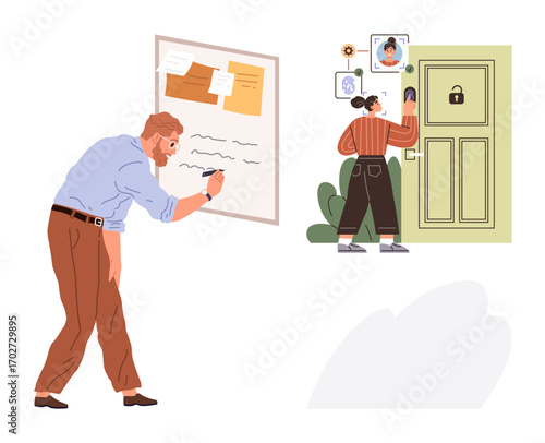 Man listing tasks on noticeboard while woman uses facial recognition for smart door access. Ideal for organization, teamwork, security, innovation, privacy, tech trends, productivity. Simple flat