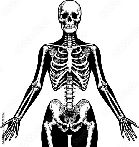 Black and white vector of a human skeleton in detailed line art, minimalist anatomical design, isolated on white background, scalable illustration