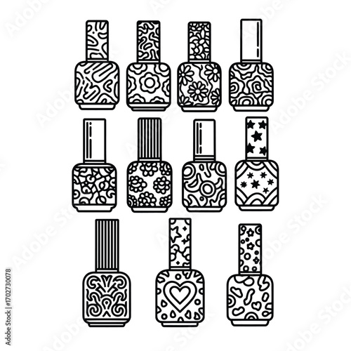 A collection of nail polish bottle icons with intricate patterns for beauty and manicure design elements