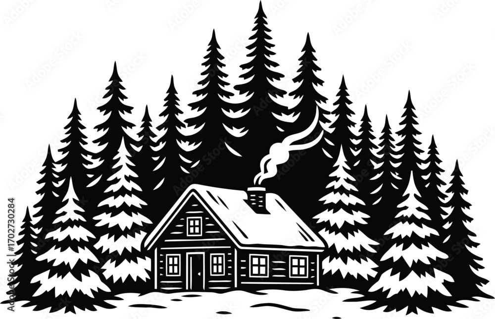 Obraz premium Cozy Winter Cabin Retreat in Snowy Forest Silhouette Illustration for Graphic Designs and Holiday Themes Featuring Pine Trees and Smoke