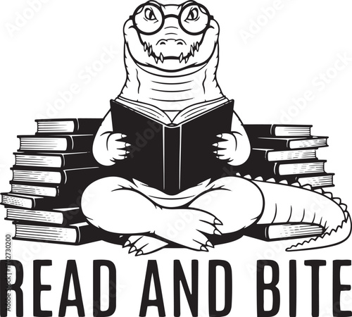 Reading Lizard Illustration – Read and Bite Cartoon Reptile with Glasses Holding Book, Funny Black and White Vector