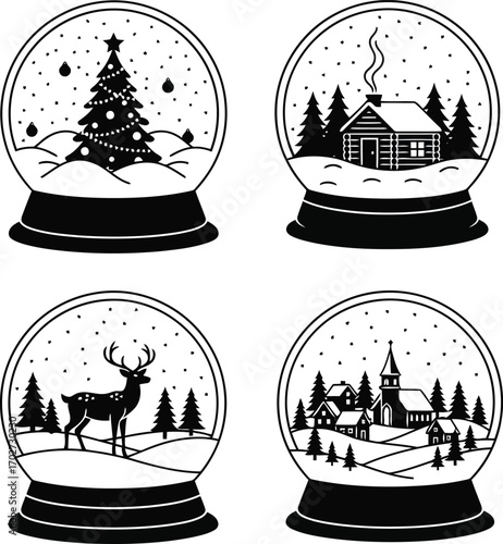 Collection of Winter Snow Globes with Holiday Themes and Black and White Line Art Style for Festive Season Designs