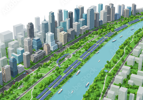 Cityscape with River and Green Spaces.