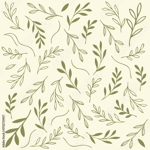 A minimalist botanical pattern with hand-drawn leaves. An elegant background of scattered green sprigs and branches
