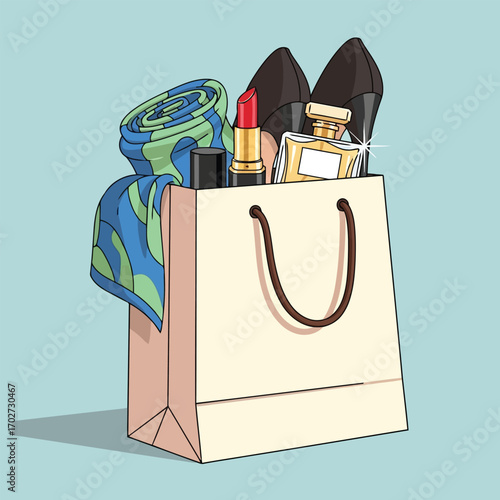 Fashion Essentials Handbag with Scarf, Lipstick, Perfume, and Heels for Style