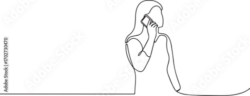 Woman talking on smart phone one continuous line art, Vector illustration, One line art, Line art graphic style