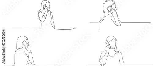 Set of Woman talking on smart phone one continuous line art, Vector illustration, One line art, Line art graphic style
