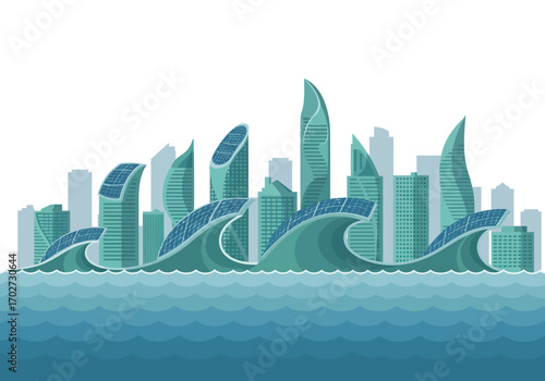 Futuristic Cityscape on Ocean Waves.