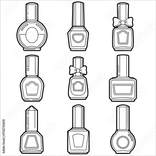 A set of nine different nail polish bottle icons presented in a simple black and white line art illustration style for beauty and cosmetic design