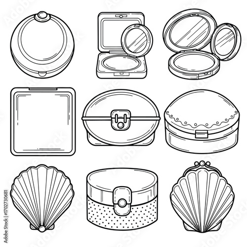 A diverse collection of vintage cosmetic powder compacts and makeup cases presented as a detailed black and white line art illustration set