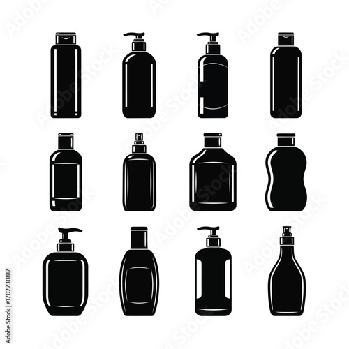 Set of cosmetic bottles, perfect for representing personal care products, with a variety of designs and shapes, essential for showcasing skincare and beauty routines