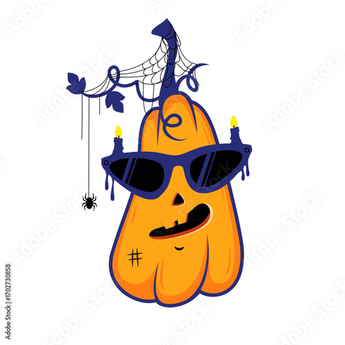 An illustration of a mischievous pumpkin wearing sunglasses and a carved, crooked smile. A spiderweb and a spider hang from the stem, and two lit candles balance on the sunglasses, giving it a playful