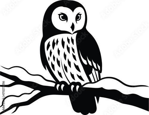 Elegant Owl Silhouette Perched on a Branch Black and White Graphic Illustration of Nocturnal Bird Watching with Sharp Eyes and Detailed Feather Markings Serene Wildlife Design