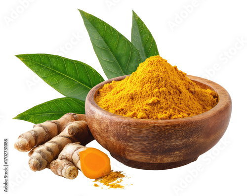 Turmeric powder in a wooden bowl, with fresh leaves and roots (2)