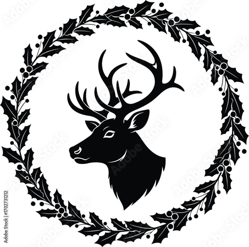 Elegant Stag Silhouette with Holly Wreath Festive Holiday Season Design for Christmas Cards and Winter Decor Invitations