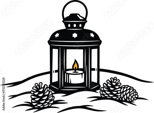 Elegant Winter Lantern Scene with Pine Cones and Candlelight Festive Holiday Illustration Vector Graphic Perfect for Seasonal Greetings