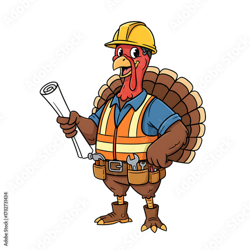 Construction Worker Turkey Cartoon with Hard Hat and Tools