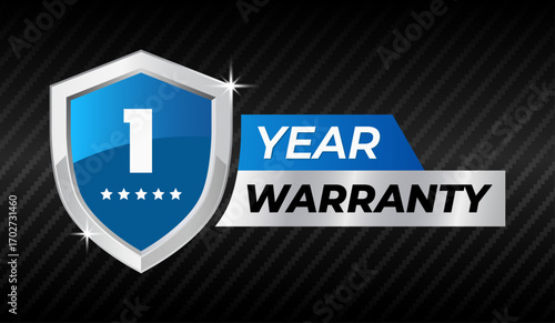 1 year warranty shield badge label icon. Blue and silver metal shield guarantee logo with stars, Security protection emblem, Quality assurance seal, Vector illustration.
