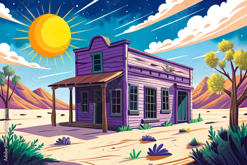 Abandoned wooden saloon street, dusty road with tumbleweed vector, western ghost town under scorching sun background