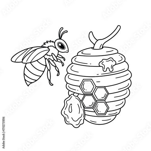Bee and Beehive Illustration A Sweet Nature Scene in Simple Black Lines