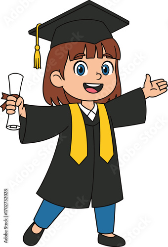 Cartoon illustration of happy child wearing graduation cap and gown, holding diploma certificate, celebrating academic success, education achievement, student character vector for school design