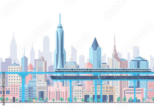 Modern City Skyline with Elevated Train.