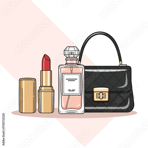Elegant essentials Lipstick, perfume, and classic handbag illustration