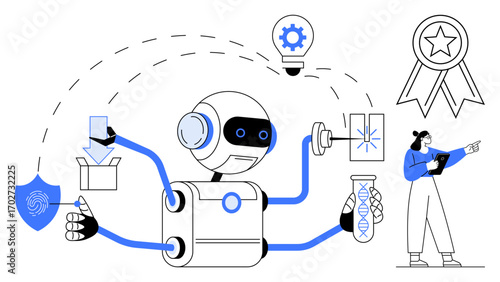 Friendly robot multitasking with lab analysis, data security, product delivery, and innovation while researcher observes. Ideal for technology, AI, innovation, research, education analysis simple